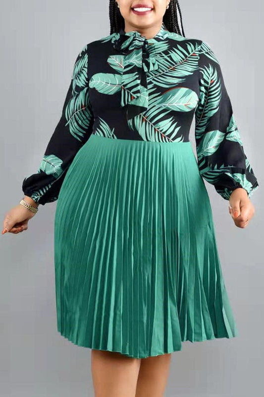 Plus Size Floral Print Pleated Bow Long Sleeves Midi Dresses