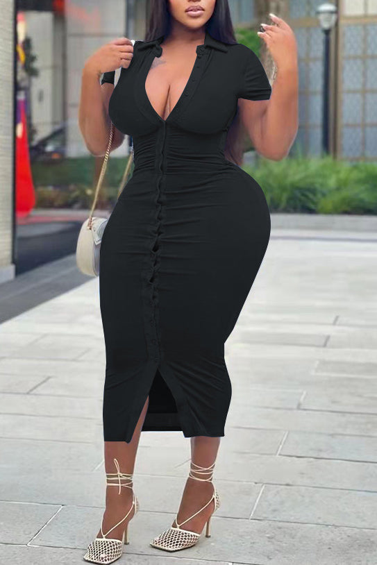 Plus Size Solid Pleated Short Sleeves Bottons Bodycon Midi Dresses