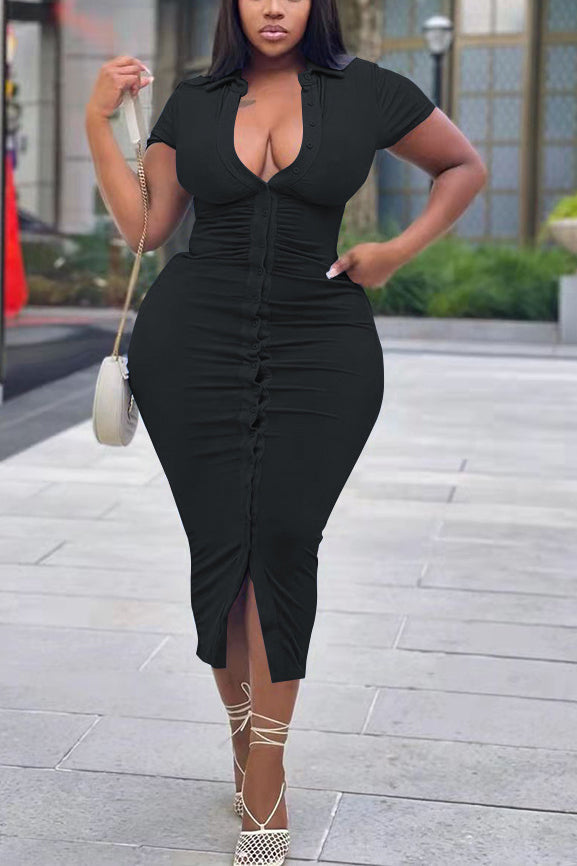 Plus Size Solid Pleated Short Sleeves Bottons Bodycon Midi Dresses