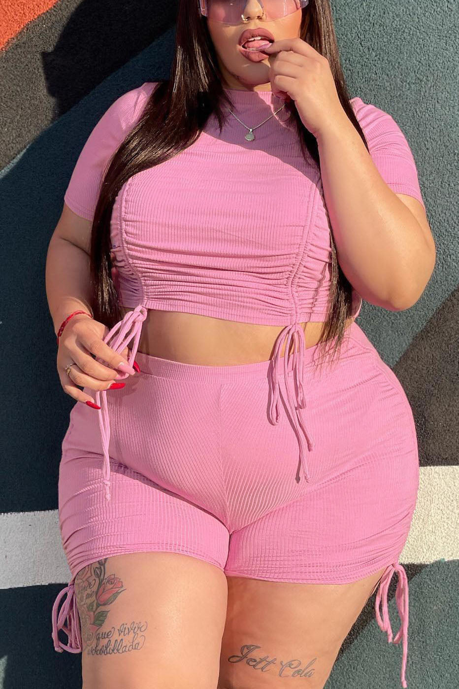 Plus Size Drawstring Solid Mock Neck Two Pieces Shorts Sets