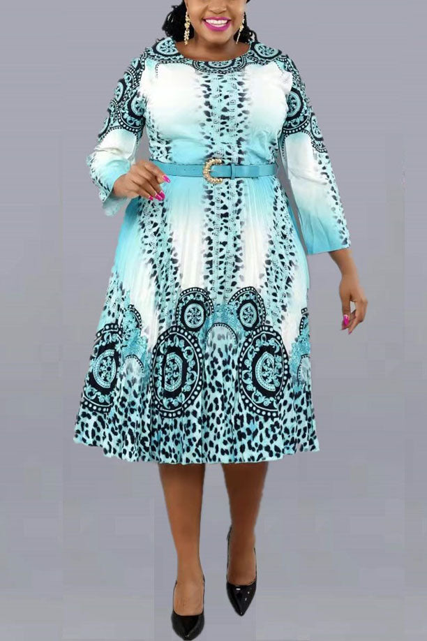 Plus Size Three Quarter Sleeve Leopard Floral Print Pleated Midi Dresses