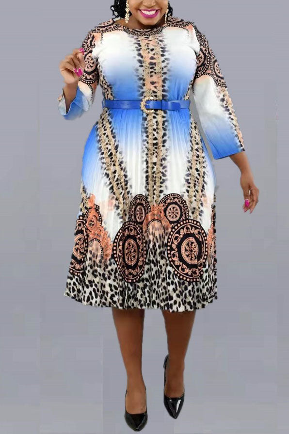 Plus Size Three Quarter Sleeve Leopard Floral Print Pleated Midi Dresses