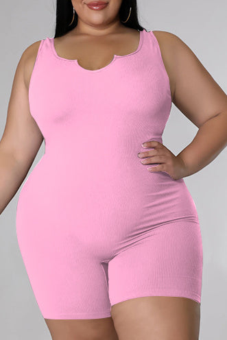 Plus Size Casual Solid Basic Sleeveless Romper