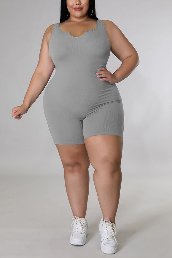 Plus Size Casual Solid Basic Sleeveless Romper