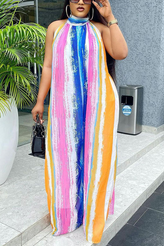 Plus Size Colorful Striped Print Sleevless Loose Jumpsuit