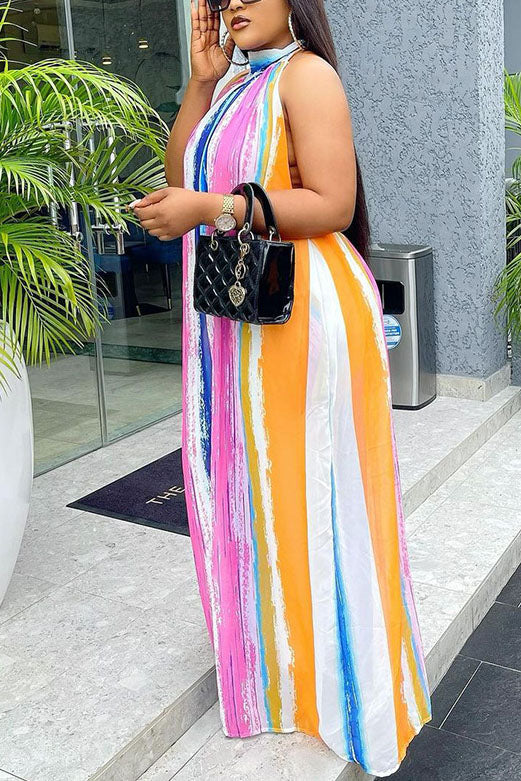 Plus Size Colorful Striped Print Sleevless Loose Jumpsuit