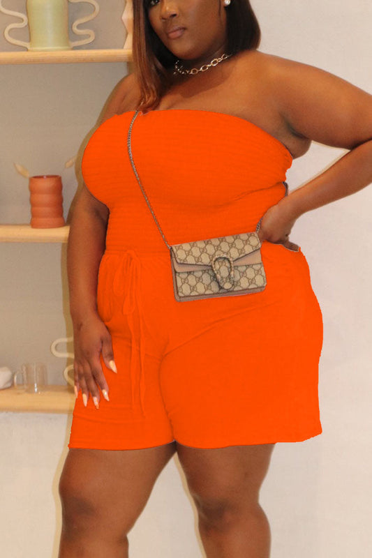 Plus Size Solid Color Lace Up Tube Top Romper