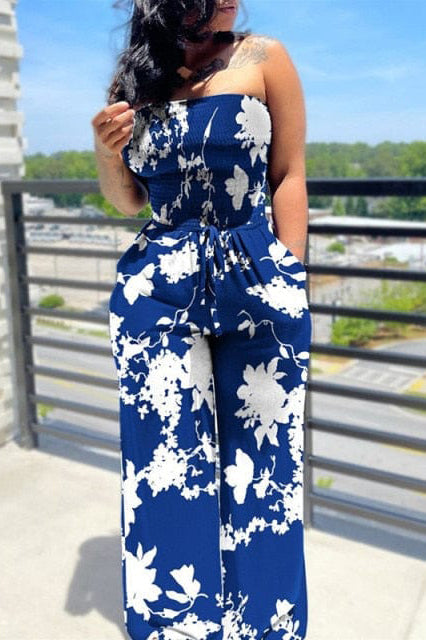 [Pre-Sale] Plus Size Casual All Over Print Sleeveless Sash Tube Top Jumpsuit