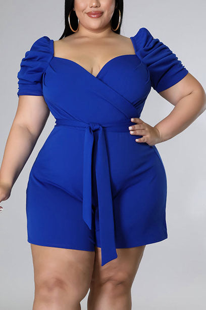 Plus Size Casual Solid Lace Up Pleated Short Sleeves Romper