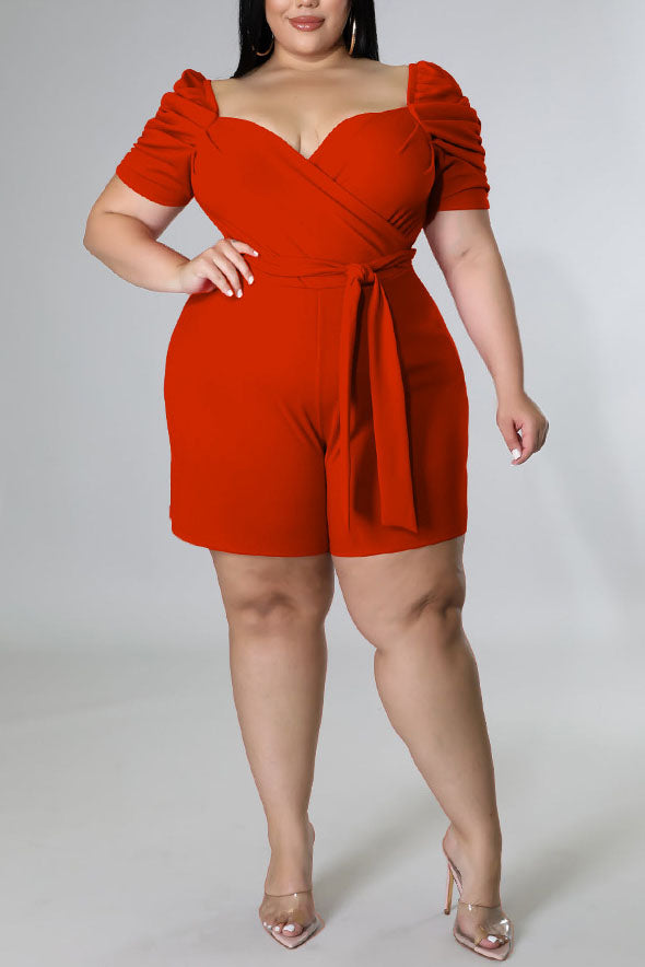 Plus Size Casual Solid Lace Up Pleated Short Sleeves Romper
