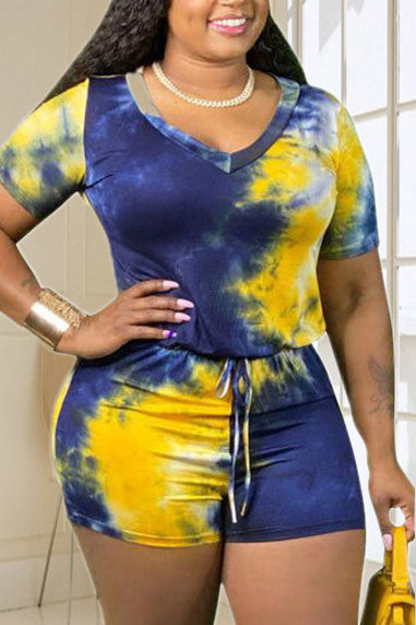 Plus Size Casual Tie Dye Short Sleeves Lace Up Romper