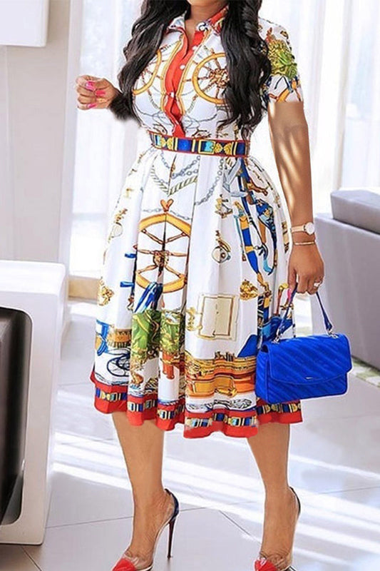 [Pre-Sale] Plus Size Short Sleeves Turnover Collar All Over Print Midi Dresses