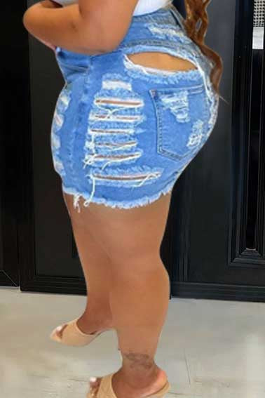Plus Size Casual Solid Ripped Fringe Denim Shorts