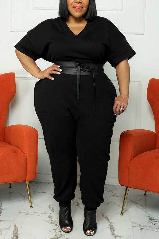 Plus Size Casual Solid V-Neck Half Sleeves Jumpsuit (Without Belt)