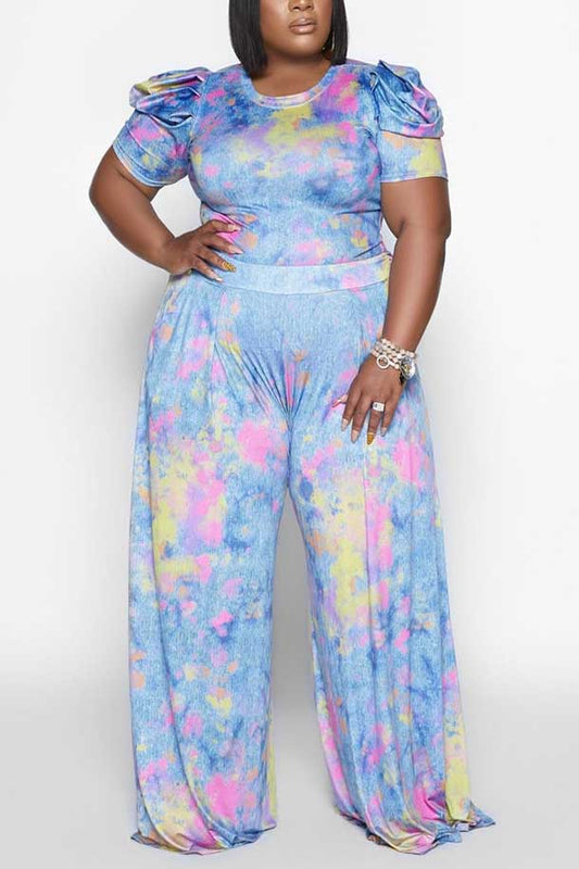 Plus Size Casual Tie Dye Print Round Neck Puff Sleeves Wide Legs Two Pieces Set