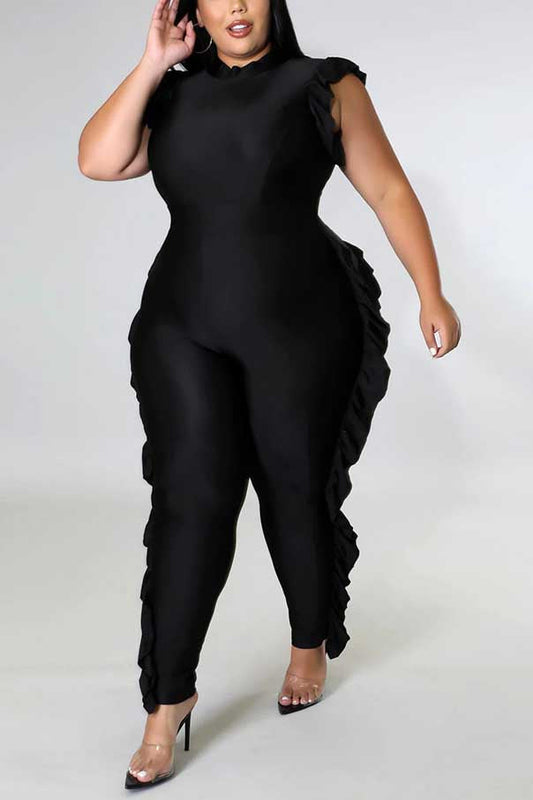 Plus Size Casual Solid Sleeveless Round Neck Ruffle Jumpsuit
