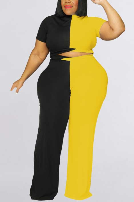 Plus Size Casual Colorblock Two Pieces Pants Set