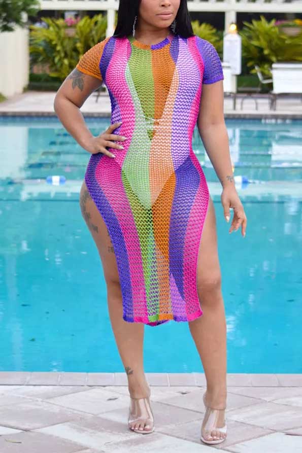 [Pre-Sale] Plus Size Hand Made Crochet Rainbow Print Split Short Sleeves Midi Dresses