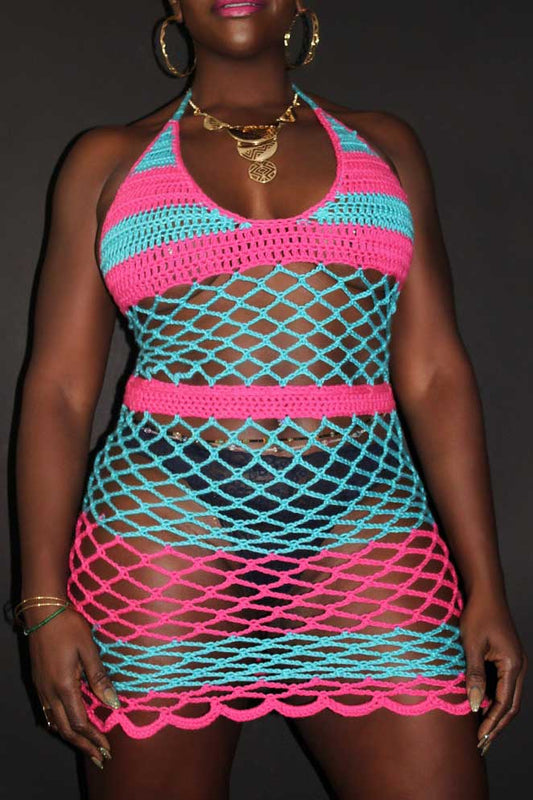 [Pre-Sale] Plus Size Hand Made Crochet Jamaican Print Lace Up Mini Dresses
