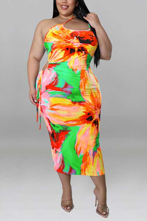 Plus Size Casual Tie Dye Print One Shoulder Lace Up Midi Dresses