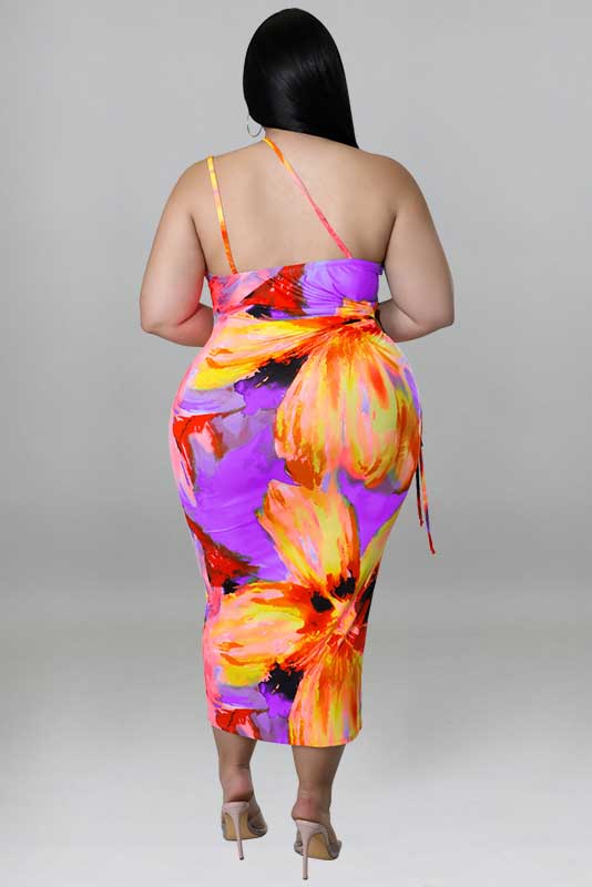 Plus Size Casual Tie Dye Print One Shoulder Lace Up Midi Dresses