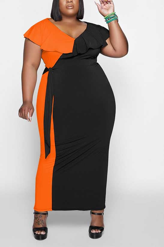 Plus Size Casual Ruffle Shoulder V Neck Colorblock Maxi Dresses