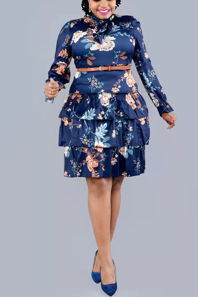 Plus Size Elegant All Over Print Floral Lace Up Ruffle Mini Dresses
