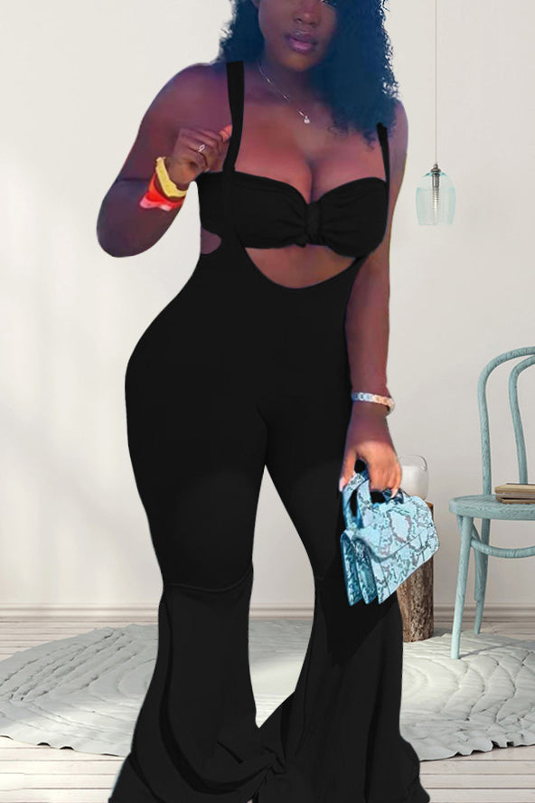 Plus Size Solid Bow Tube Top Two Pieces Flared Pant Sets