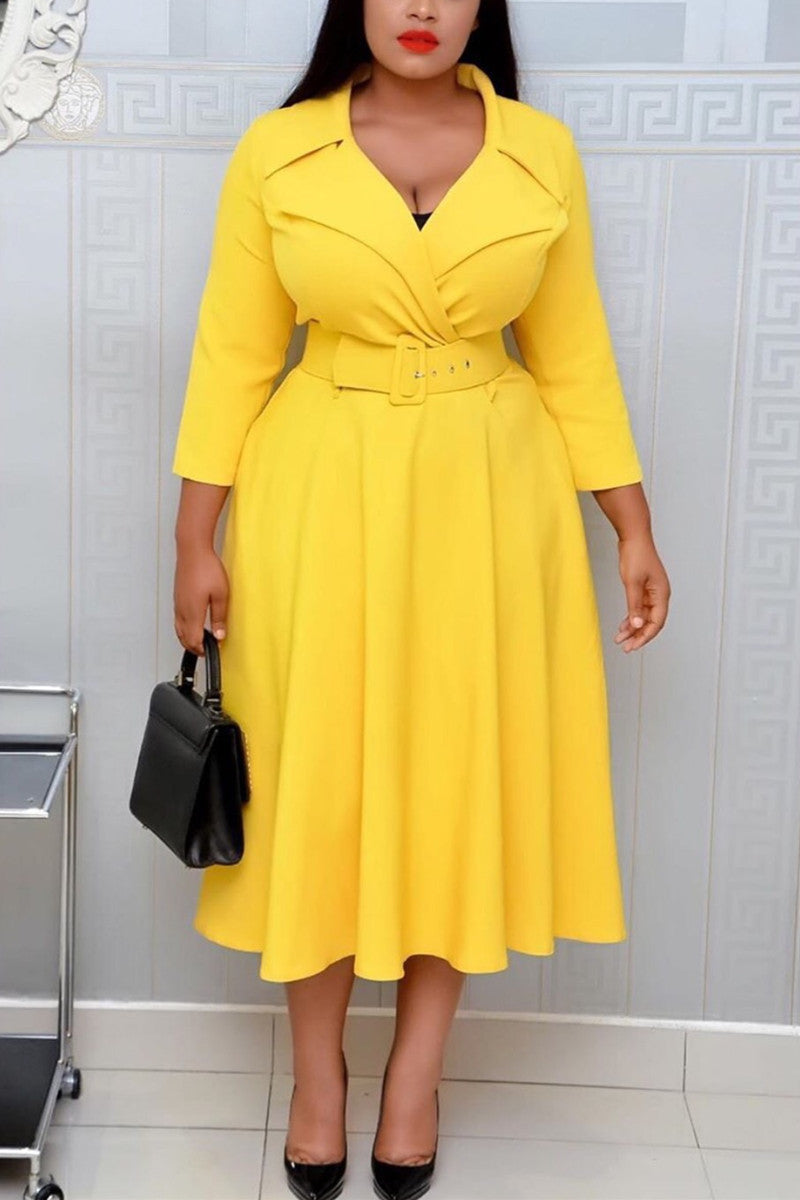 [Pre-Sale] Plus Size Elegant Workplace Neoprene Notched Napel Pleated Midi Dresses