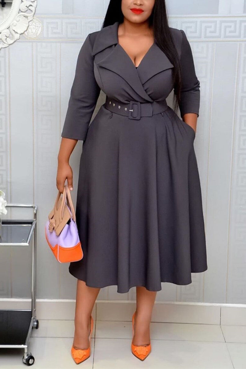 [Pre-Sale] Plus Size Elegant Workplace Neoprene Notched Napel Pleated Midi Dresses