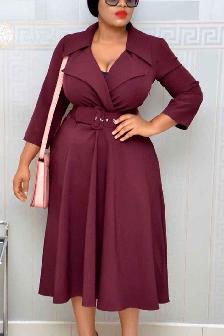 [Pre-Sale] Plus Size Elegant Workplace Neoprene Notched Napel Pleated Midi Dresses