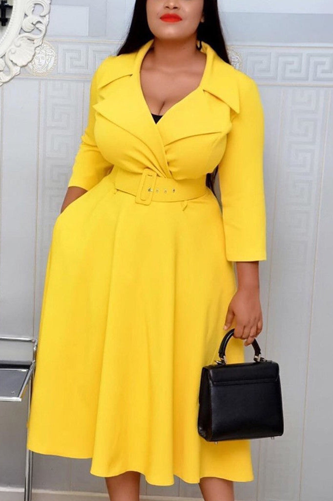 [Pre-Sale] Plus Size Elegant Workplace Neoprene Notched Napel Pleated Midi Dresses