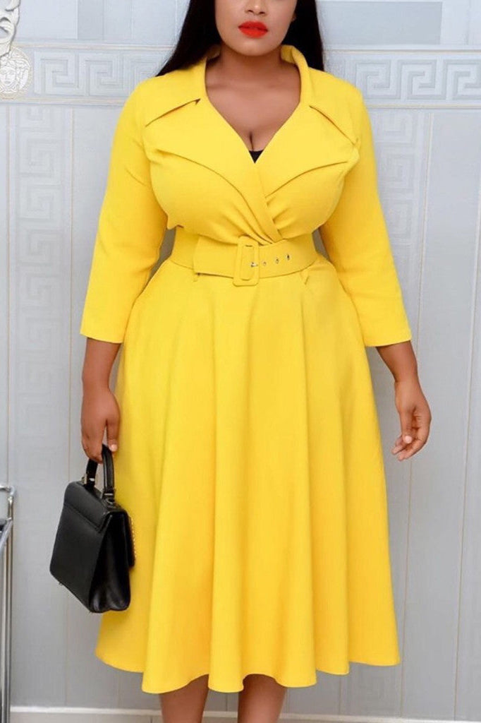 [Pre-Sale] Plus Size Elegant Workplace Neoprene Notched Napel Pleated Midi Dresses