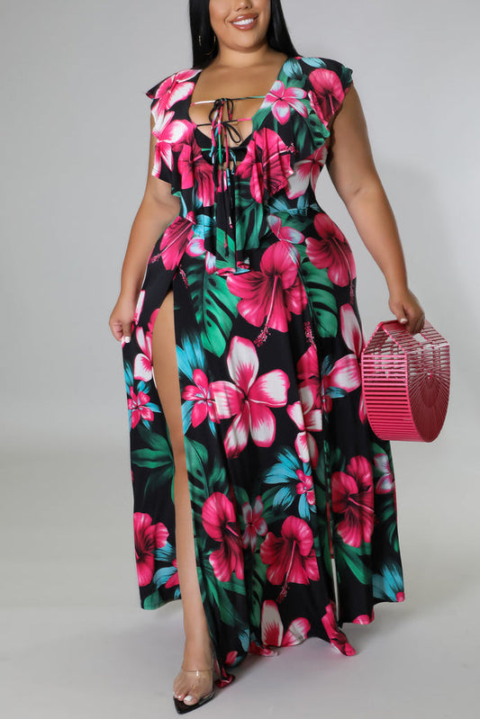 Plus Size Vacation All Over Print Floral Ruffle Sleeves Lace Up Slit Maxi Dress