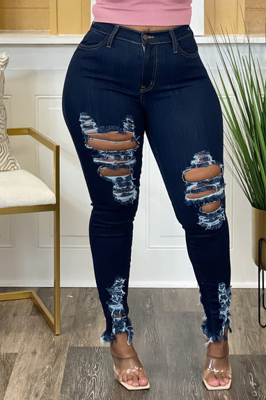[Pre-Sale] Plus Size Casual Solid Tight Ripped Tassel Denim Pants