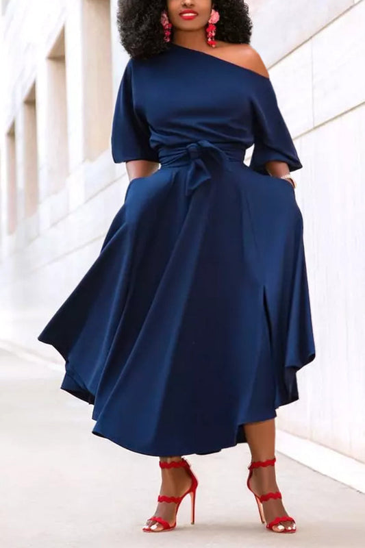 [Pre-Sale] Plus Size Elegant Solid One Shoulder Lace Up Pleated Maxi Dresses