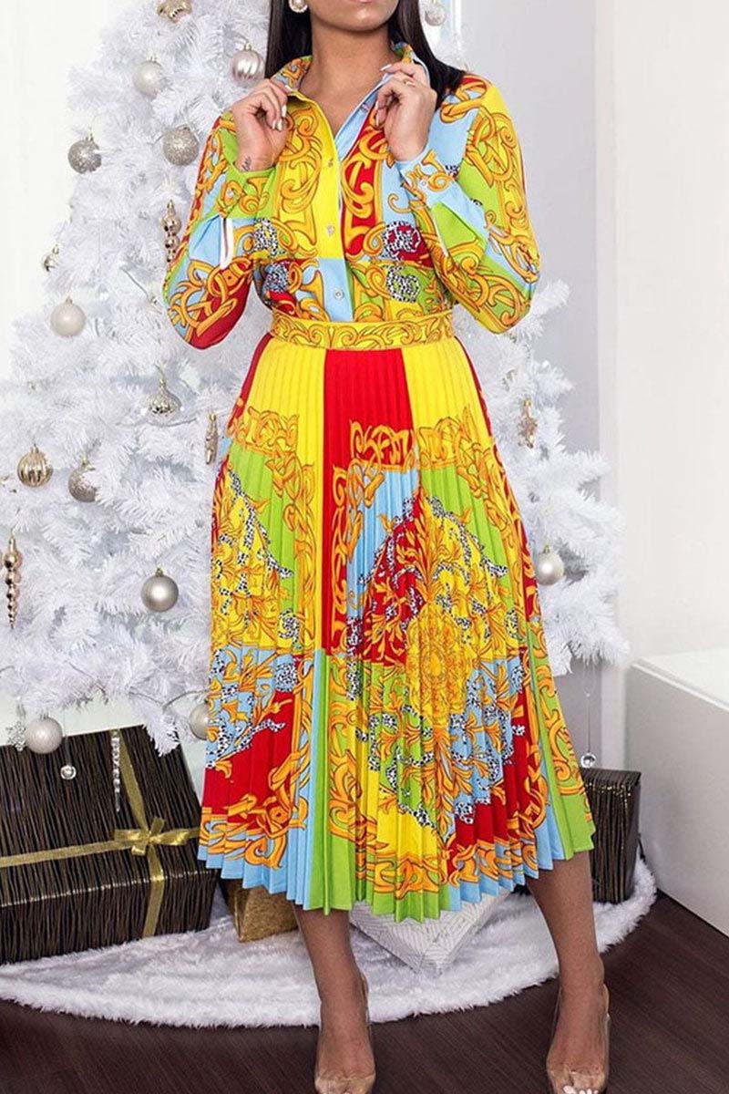 [Pre-Sale] Plus Size Floral Print Long Sleeves Pleated Turnover Collar Midi Dresses