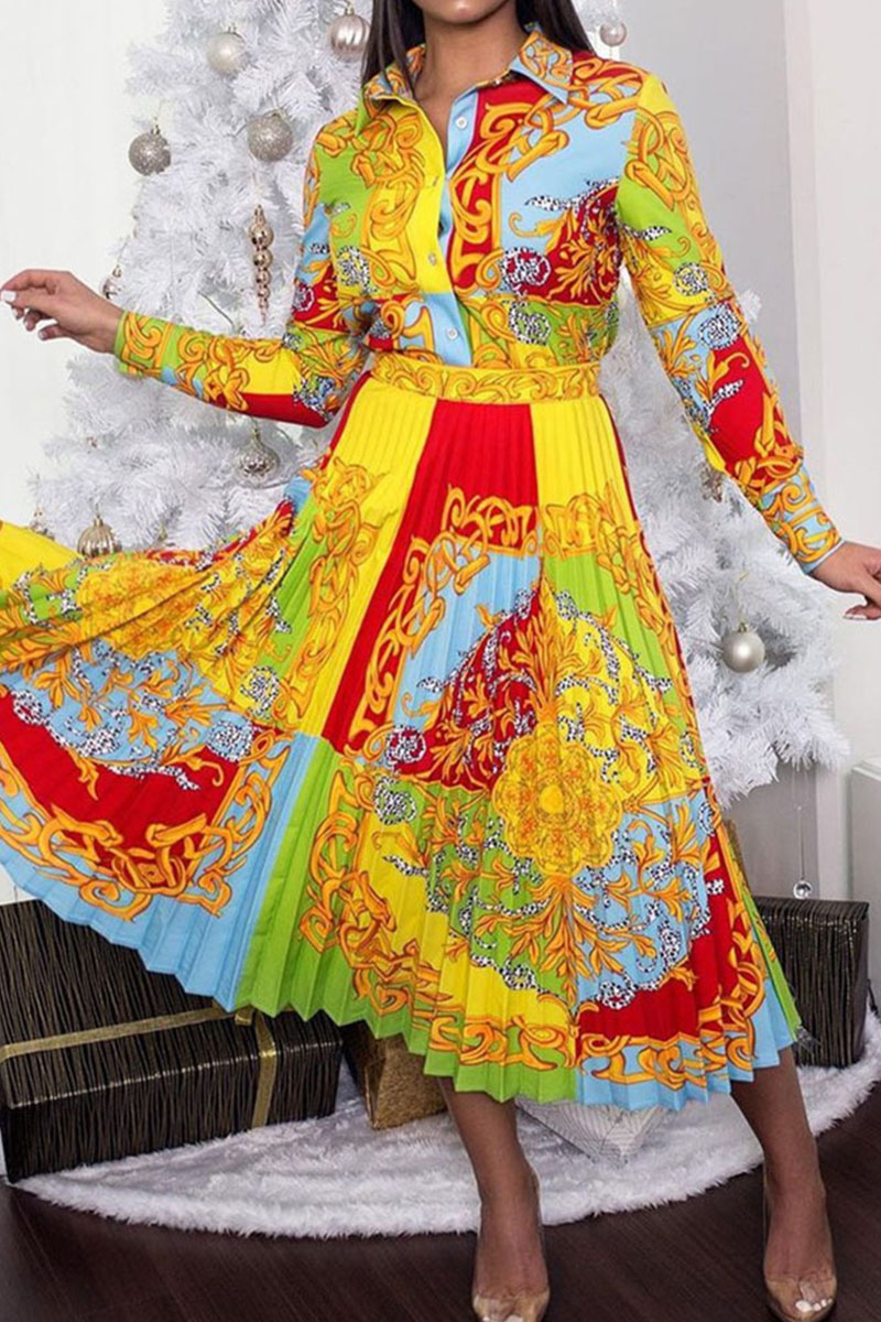 [Pre-Sale] Plus Size Floral Print Long Sleeves Pleated Turnover Collar Midi Dresses