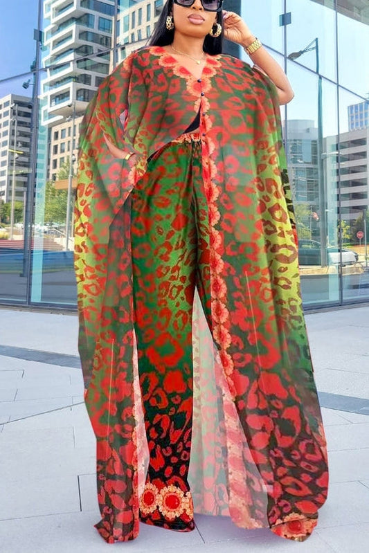 [Pre-Sale] Plus Size Vacation Beach Leopard Print Chiffon Kimono Pant Set