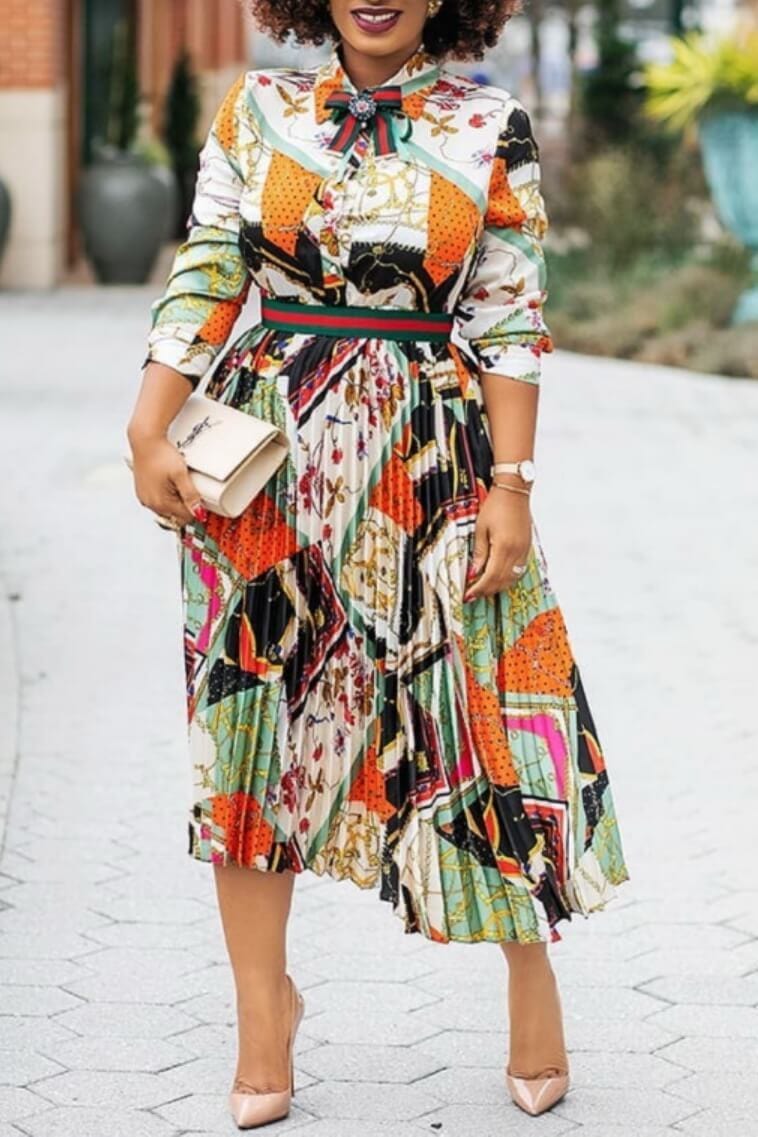 [Pre-Sale] Plus Size Floral Print Long Sleeves Pleated Turnover Collar Midi Dresses