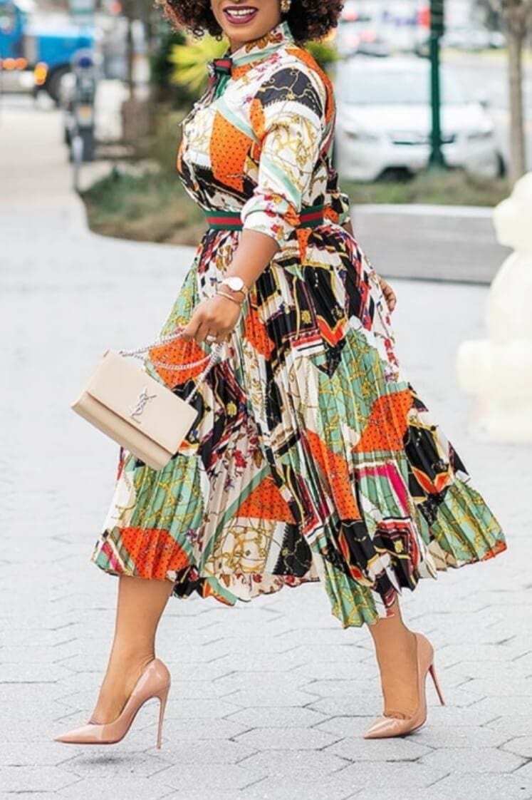 [Pre-Sale] Plus Size Yellow Long Sleeves All Over Print Pleated Turnover Collar Midi Dresses