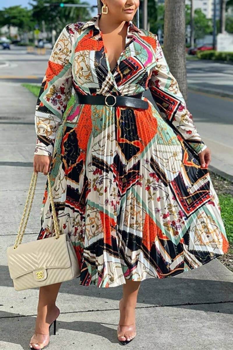 [Pre-Sale] Plus Size Floral Print Long Sleeves Pleated Turnover Collar Midi Dresses