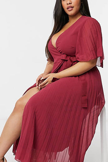 [Pre-Sale] Plus Size Elegant Solid Half Sleeves Lace Up Pleated Midi Dresses