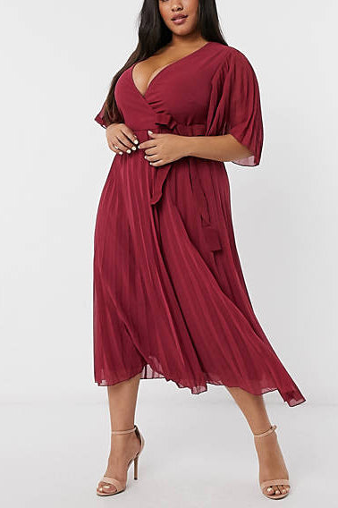 [Pre-Sale] Plus Size Elegant Solid Half Sleeves Lace Up Pleated Midi Dresses