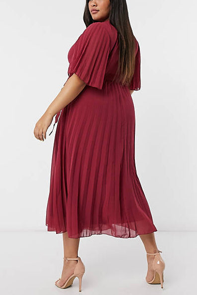 [Pre-Sale] Plus Size Elegant Solid Half Sleeves Lace Up Pleated Midi Dresses