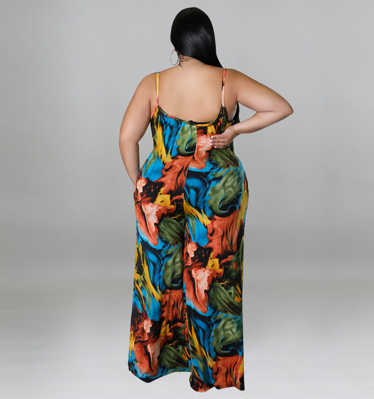 Plus Size Vacation All Over Print Tie Dye Cami Wide Leg Jumpsuit (Without Belt)