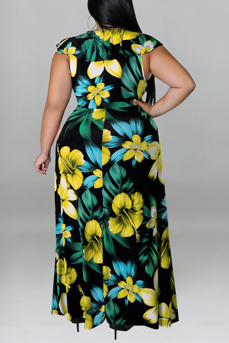Plus Size Vacation All Over Print Floral Ruffle Sleeves Lace Up Slit Maxi Dress