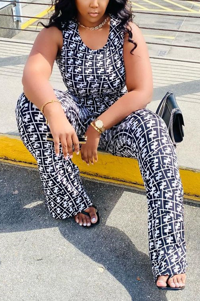 [Pre-Sale] Plus Size All Over Print Geometrical Sleeveless Flared Jumpsuit