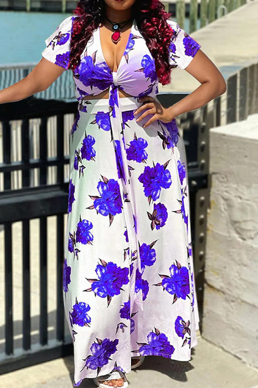 [Pre-Sale] Plus Size Summer Date Floral Print Lace Up Two Pieces Skirt Set