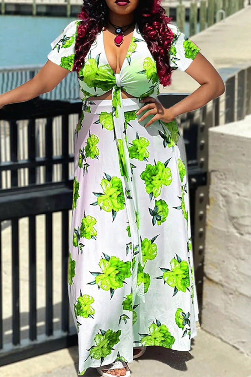 [Pre-Sale] Plus Size Summer Date Floral Print Lace Up Two Pieces Skirt Set